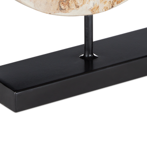 Wes Marble Disc - Unique Tan Stone Sculpture with Black Metal Base, Perfect for Contemporary Decor