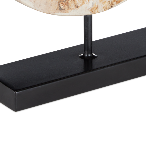 Wes Marble Disc - Unique Tan Stone Sculpture with Black Metal Base, Perfect for Contemporary Decor