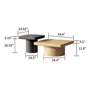 English Elm Modern Parquet Wood Nesting Coffee Tables Sculptural Fluted Pedestal Living Room Set Black+Natural W1435S00033