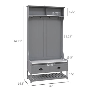 English Elm HOMCOM Entryway Hall Tree with Bench and 5 Double Hooks, Shoe Storage, Anti-Tip Mudroom Organizer Gray W2225P249585