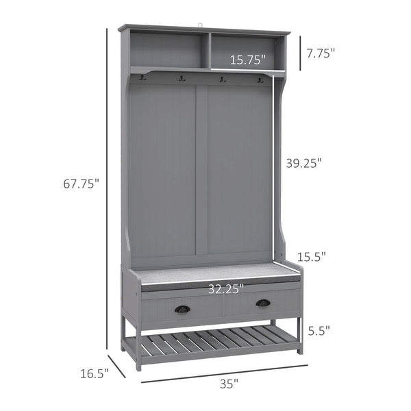 English Elm HOMCOM Entryway Hall Tree with Bench and 5 Double Hooks, Shoe Storage, Anti-Tip Mudroom Organizer Gray W2225P249585