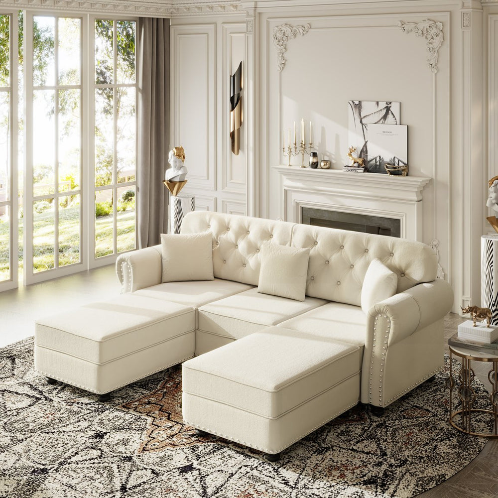 English Elm 82.6"upholstered Velvet Chesterfield Sofa Button Tufted Nailhead Mid-century Living Room Beige+White W1885S00382