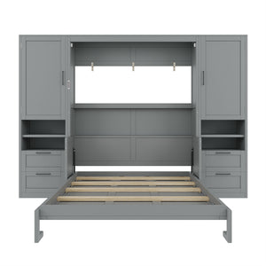 English Elm Queen Murphy Fold Down Wall Bed with Wardrobe Drawers and Shelves for Guest Rooms Gray LP000909AAE-2