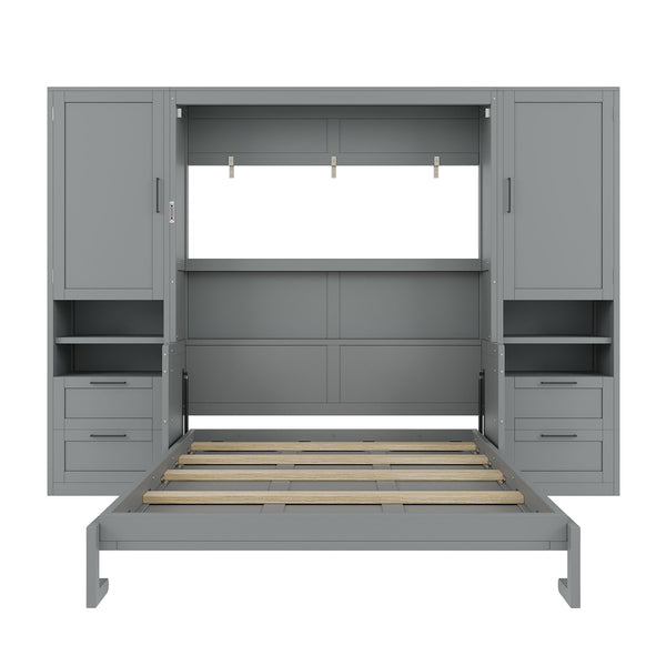English Elm Queen Murphy Fold Down Wall Bed with Wardrobe Drawers and Shelves for Guest Rooms Gray LP000909AAE-2