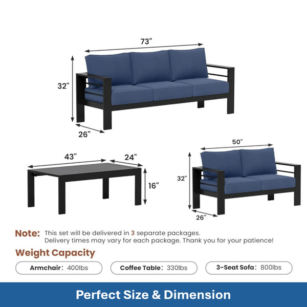 English Elm 3-piece Outdoor Aluminum Conversation Set with Deep Cushions and Wpc Coffee Table Blue B082S00095