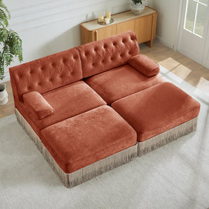 English Elm With Tufted Velvet Sectional Sofa Two Ottomans Tassel Skirt French Chesterfield Living Room Red+Brown W714S01746