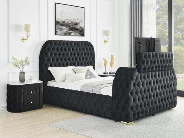 English Elm Luxurious King Size 3Pc Bed Set With Tv Lift & Electric Fireplace - Black Velvet Tufted Design B2741S00094