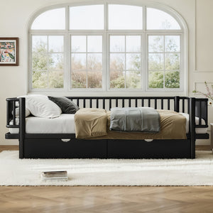 English Elm Queen Storage Platform Bed Low Profile Metal Frame with Built-in Drawers for Small Spaces Black W5305P471352