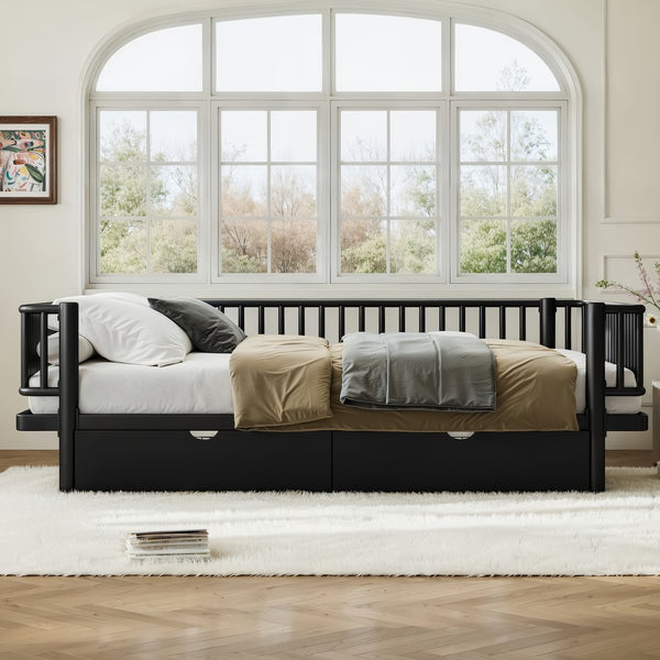 English Elm Queen Storage Platform Bed Low Profile Metal Frame with Built-in Drawers for Small Spaces Black W5305P471352