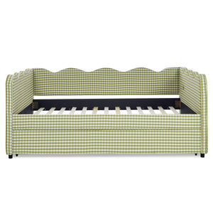 English Elm Full Size Gingham Linen Daybed with Wave Backrest Trundle and Usb Charging Port Green W1413S00139