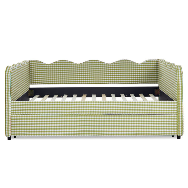 English Elm Full Size Gingham Linen Daybed with Wave Backrest Trundle and Usb Charging Port Green W1413S00139