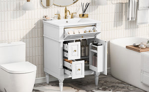 English Elm 24 Inch Freestanding Vanity with Ceramic Sink Rubberwood Frame Matte Finish Storage White N725P356058K
