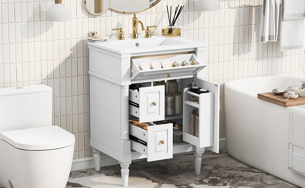 English Elm 24 Inch Freestanding Vanity with Ceramic Sink Rubberwood Frame Matte Finish Storage White N725P356058K