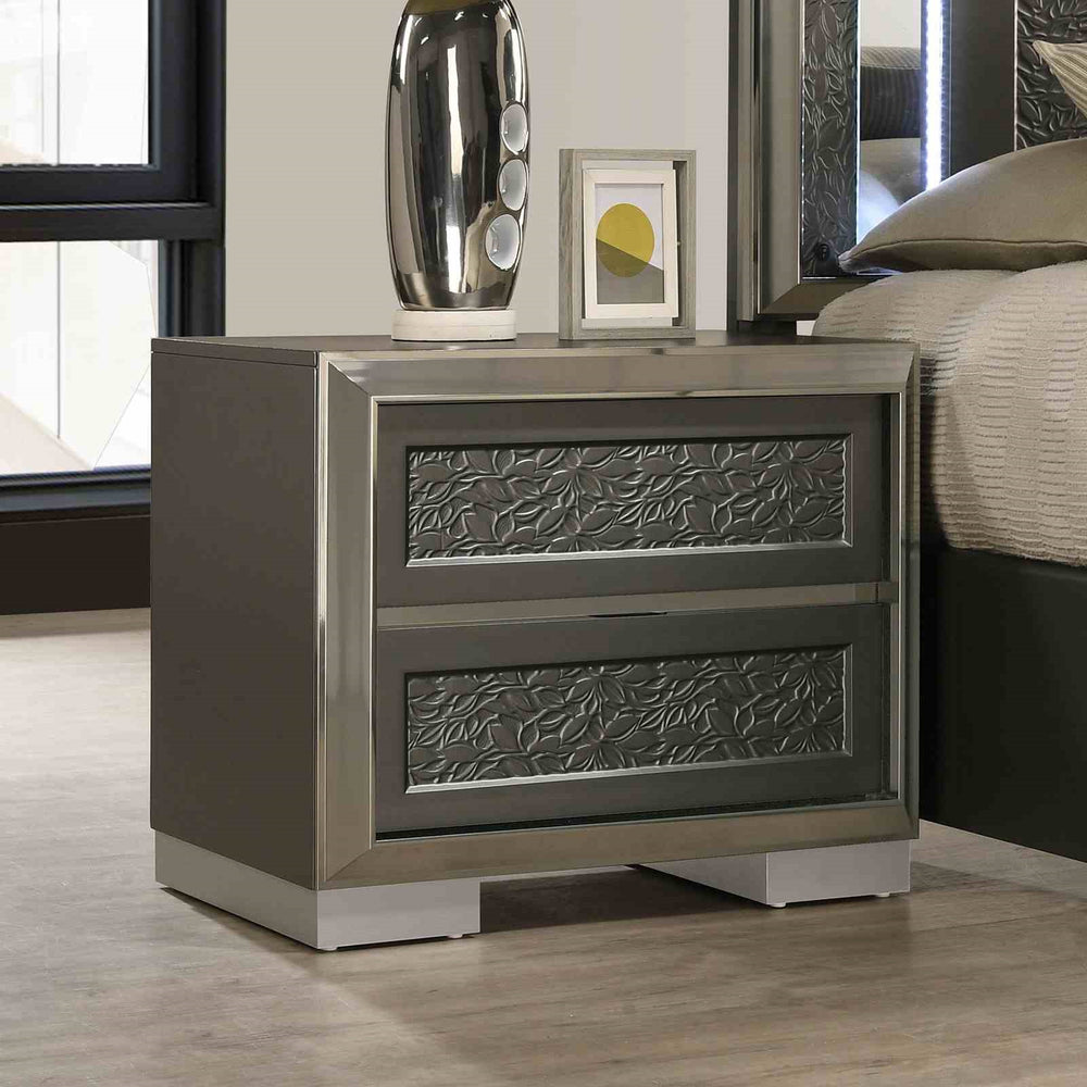English Elm Glam Nightstand with Led Accent Lighting Faux Crystal Trim and Acrylic Pulls Gray B2741P435899