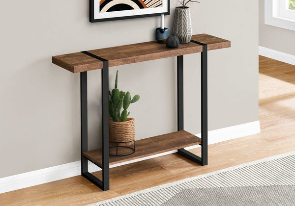 English Elm Accent Rustic Console Table 47.25" x12" Brown Laminate with Lower Shelf and Black Metal Legs - Modern Farmhouse B2710P219143