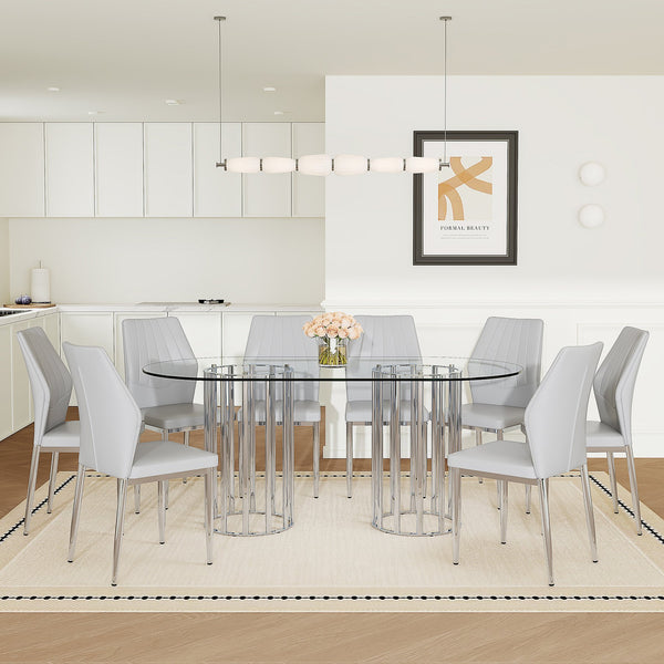 English Elm Table and Chair Set Oval Tempered Glass Top 9 Piece Modern Dining with Pu Seats Light Gray,Silver,Transparent W1151S04743