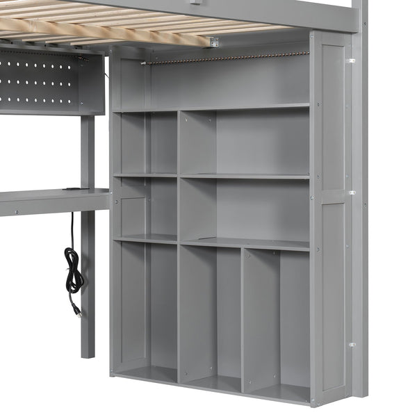 English Elm Full Loft Bed with Integrated Wardrobe Desk Shelving and Led Lighting for Teen Rooms Grey LT000927AAE