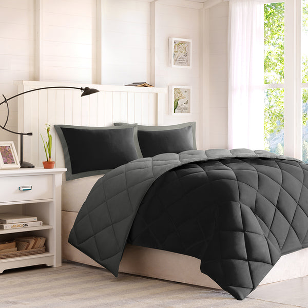 JLA Home Madison Park Essentials - 3M Ultra-Soft Quilted Reversible Comforter Set with Scotchgard Stain Defense and Antimicrobial Finish Black/Grey BASI10-0201