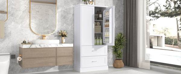 English Elm Tall White Mdf Bathroom Storage Cabinet with Adjustable Shelves and Two Lower Drawers N725S178675K