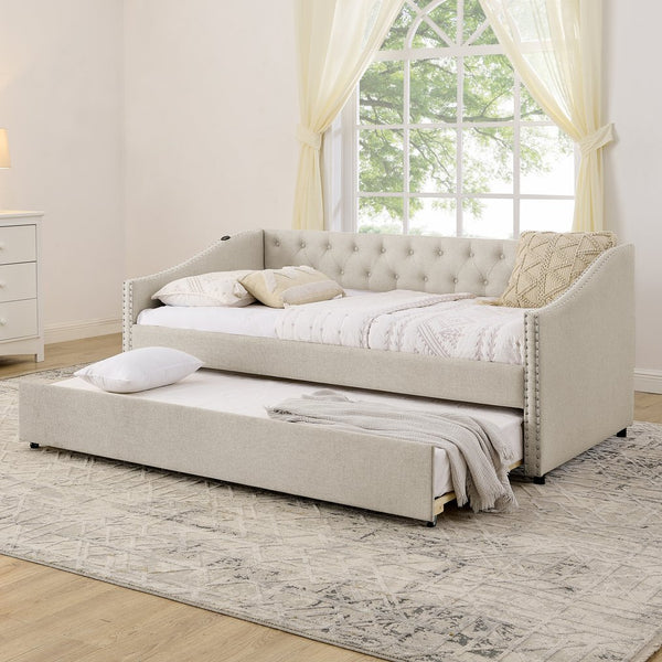 English Elm Twin Daybed with Pull Out Trundle Usb Charging Tufted Upholstered Sofa Guest Bed Beige W1413S00156