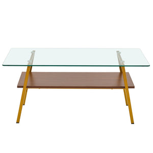 English Elm Rectangle Coffee Table - Modern Tempered Glass Top With Gold Metal Legs For Chic Living Room Style W241126033-GIGA