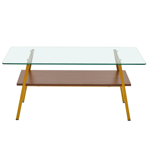 English Elm Rectangle Coffee Table - Modern Tempered Glass Top With Gold Metal Legs For Chic Living Room Style W241126033-GIGA