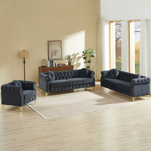 English Elm Velvet Chesterfield Tufted Sofa with Copper Stud Trim and Gold Legs for Glam Living Black W834S00634