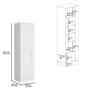 English Elm Storage Cabinet 72"H White with Six Shelves, Single Door, Three Broom Hangers & Sturdy Metal Handle Organize Efficiently B097133000