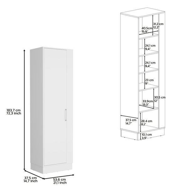English Elm Storage Cabinet 72"H White with Six Shelves, Single Door, Three Broom Hangers & Sturdy Metal Handle Organize Efficiently B097133000