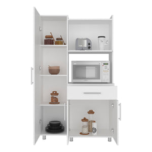 English Elm White Tall Pantry Cabinet with Microwave Shelf Deep Drawer and Open Compartments B062S01858