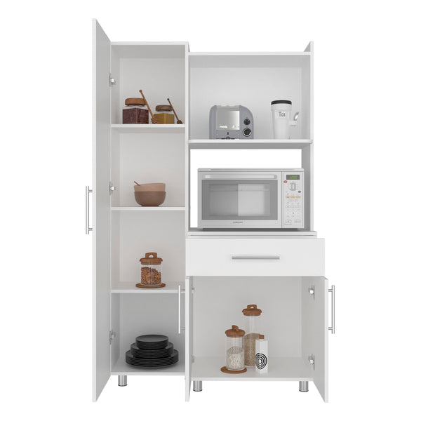 English Elm White Tall Pantry Cabinet with Microwave Shelf Deep Drawer and Open Compartments B062S01858
