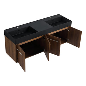 English Elm 60 Inch Wall-Mounted Bathroom Vanity With Double Black Resin Sink For Modern Elegance & Functionality W999S00251