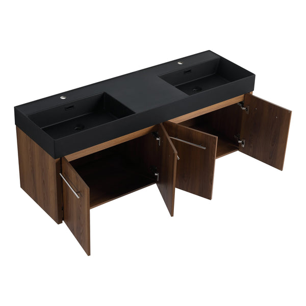 English Elm 60 Inch Wall-Mounted Bathroom Vanity With Double Black Resin Sink For Modern Elegance & Functionality W999S00251