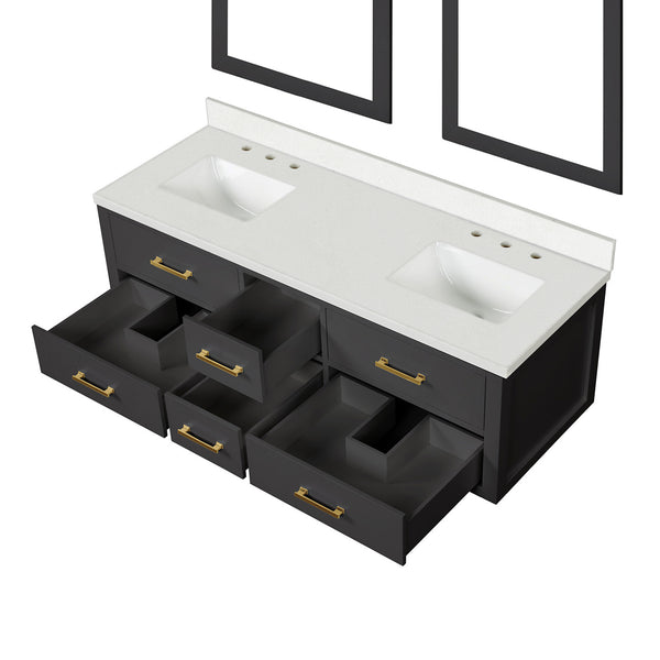 English Elm Black Double Bath Vanity With White Quartz Top, 60” W, Two Elegant Mirrors For Modern Bathrooms B2731S01566