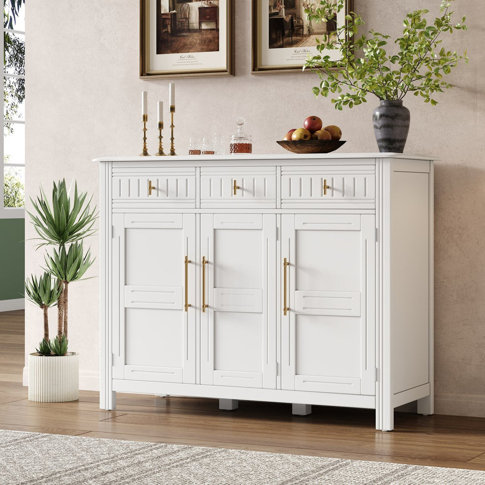 English Elm Cabinet with Three Doors Acacia Wood White Finish Gold Hardware Entryway Dining Storage N780P295774K