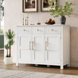 English Elm Cabinet with Three Doors Acacia Wood White Finish Gold Hardware Entryway Dining Storage N780P295774K