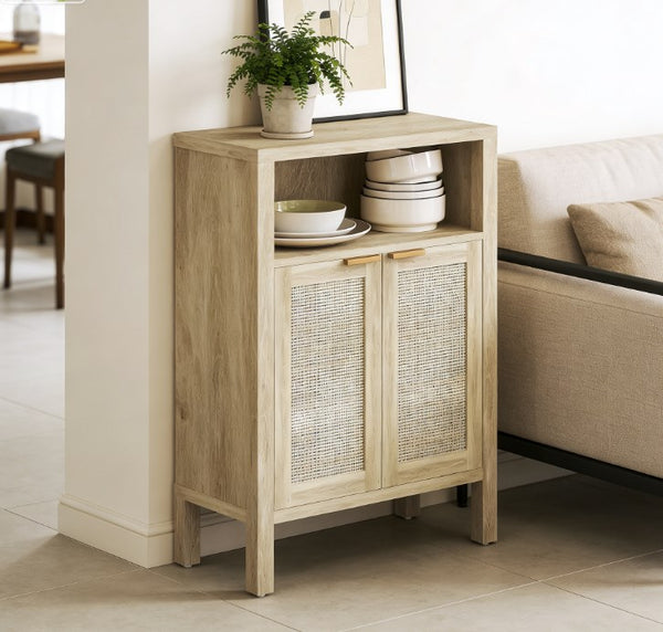 English Elm Nordic Rattan Door Buffet Cabinet with Adjustable Shelf and Golden Hardware for Dining T3971P429728