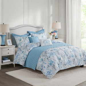 Madison Park Pema Transitional 8 Piece Printed Seersucker Comforter and Quilt Set Collection MP10-7677 Blue