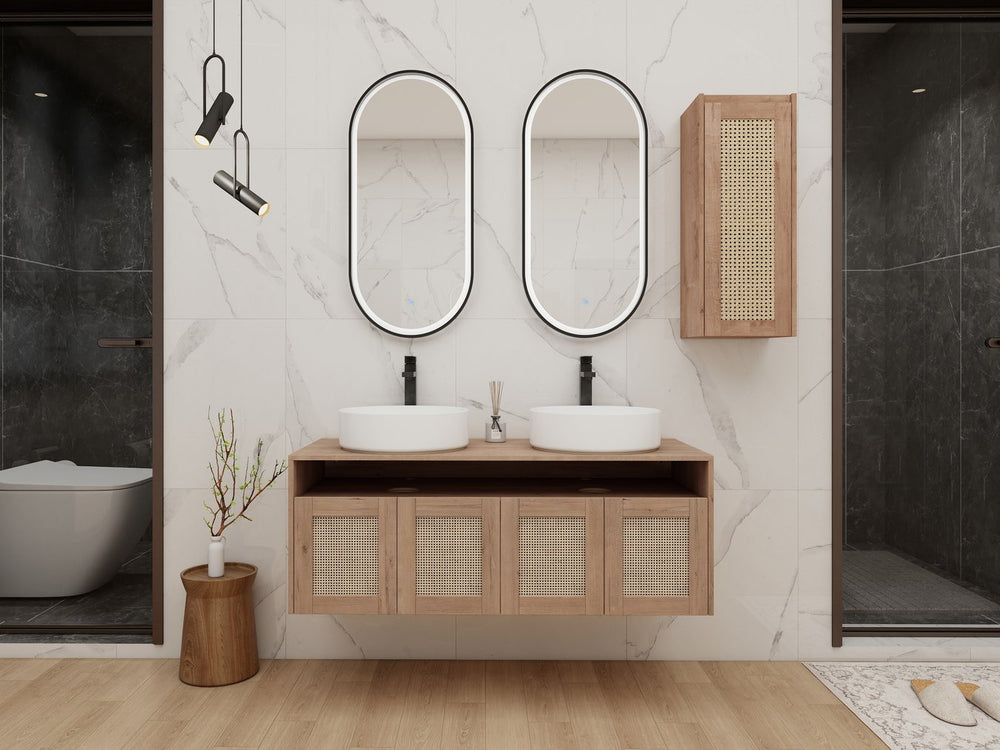 English Elm 48" Floating Bathroom Vanity Oak Finish Dual Ceramic Sinks Four Soft Close Doors W999S00498