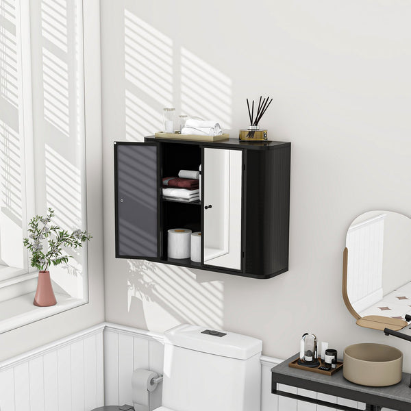 English Elm Black Wall-Mounted Bathroom Cabinet with Mirror, 2 Doors, Open Shelf & Steel Frame for Vanity Spaces W3122P272846