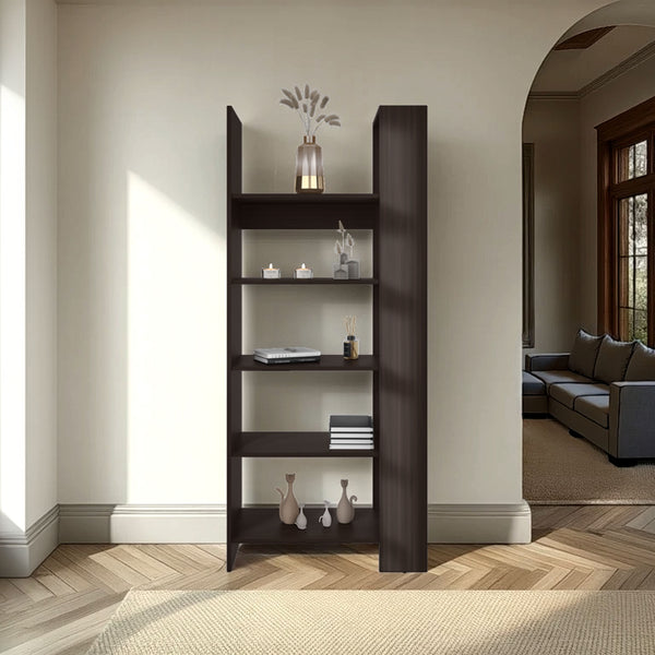 English Elm Woodstock Tall Bookcase with 4 Open Shelves, Two-Tone Walnut & Ash, Slim Modern Storage Unit B200P362029