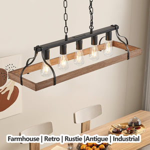 English Elm 34-Inch Vintage Pendant Light with 5 E26 Sockets, Iron Frame, Adjustable Chain for Kitchen Island Walnut W1340P251927