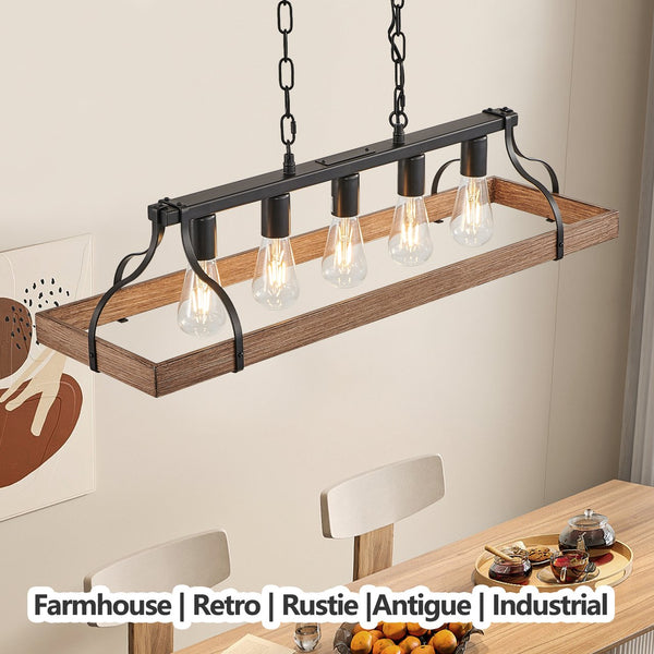 English Elm 34-Inch Vintage Pendant Light with 5 E26 Sockets, Iron Frame, Adjustable Chain for Kitchen Island Walnut W1340P251927