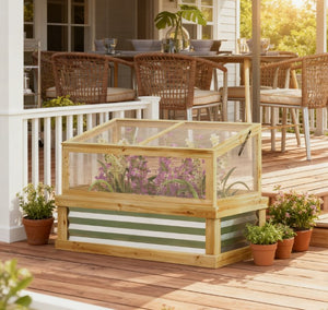 English Elm Raised Garden Bed with Cold Frame Greenhouse Fir Wood and Galvanized Steel Kit T3971P422197