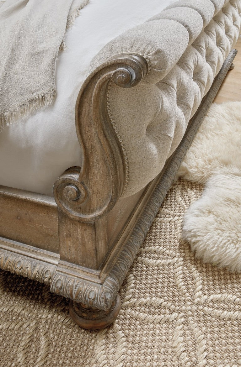 Hooker Furniture Castella California King Tufted Bedframe With Carved Acanthus, Antique Slate Finish, Durable Performance Fabric Beige 5878-90560-80