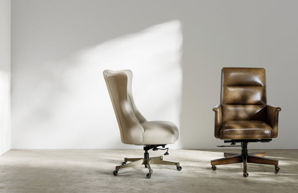 Hooker Furniture Lynn Executive Swivel Tilt Chair With Flared High Back, Top-Grain Leather & Glazed Gold Base Beige EC857-083