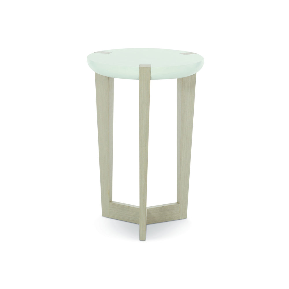 Bernhardt Bernhardt Axiom Round Accent Table With White Linen Maple Top, Tapered 3-Leg Base & Gray Veneer Finish 381122