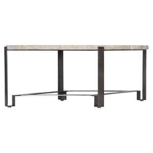 Bernhardt Bernhardt Oval Travertine Cocktail Table With Chiseled Edge And Oil‑Rubbed Bronze Geometric Base — Transitional Centerpiece (48.13"W X 28.19"D X 18.75"H) 414013