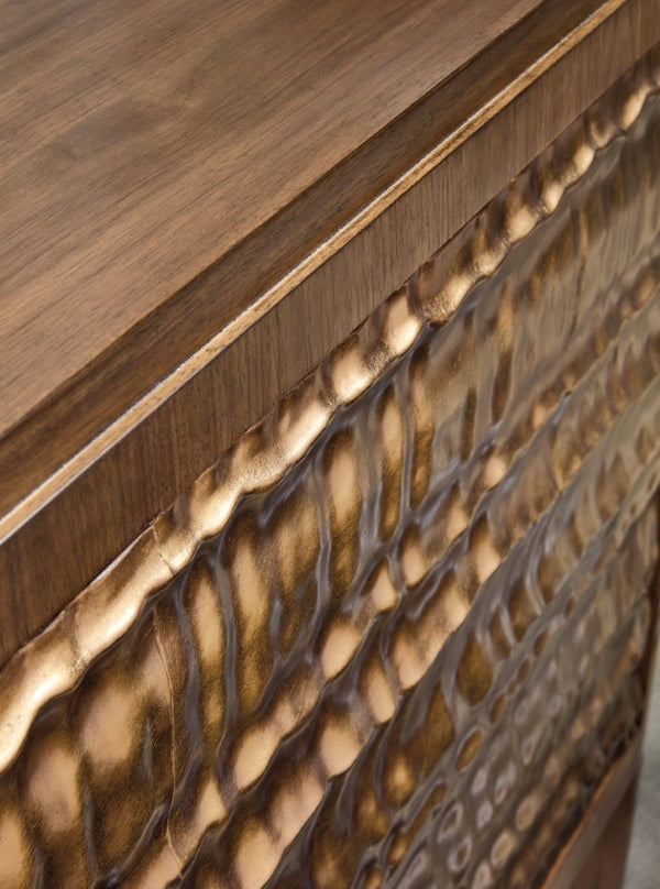 Hooker Furniture Eleana Sculptural Two-Door Chest In Light Caramel Walnut With Sunlit Bronze Doors, Soft-Close Storage 7252-85002-85