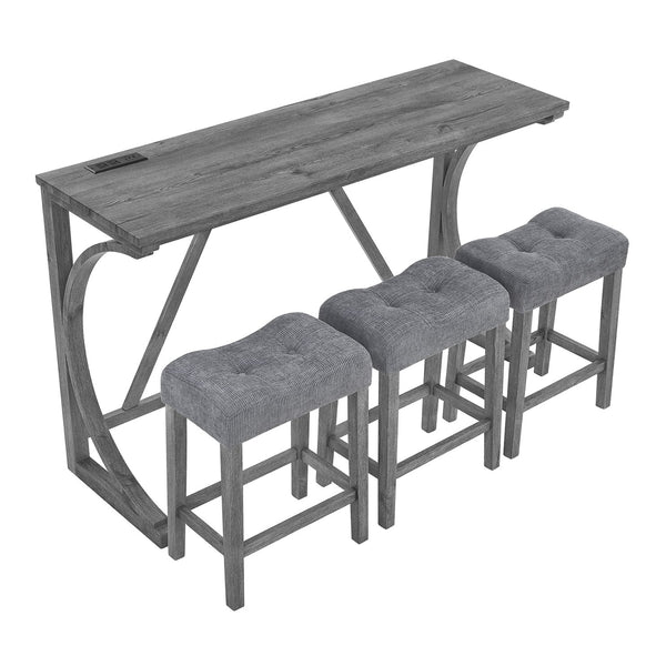 English Elm 59 Inch Bar Table Set with Power Outlet Rubberwood Frame and 3 Linen Stools Grey W2972P385254